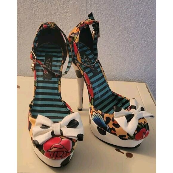 Iron Fist Womans Sz. 5 Lounge Days Platform Heels Polka Dot Bow Stripes... - Picture 6 of 16
